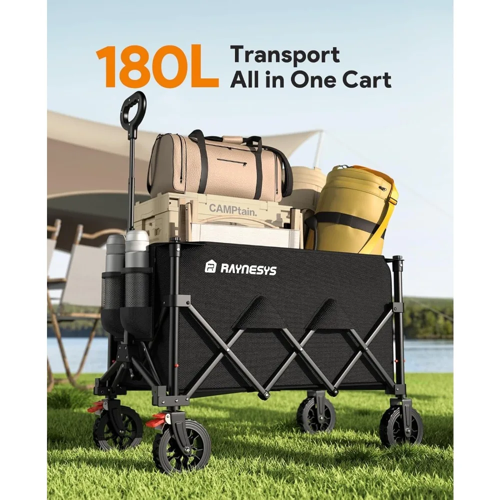 Carrinho de vagão dobrável com capacidade de 330 libras, rodas para todo terreno com freios, carrinho utilitário dobrável para esportes de compras de acampamento