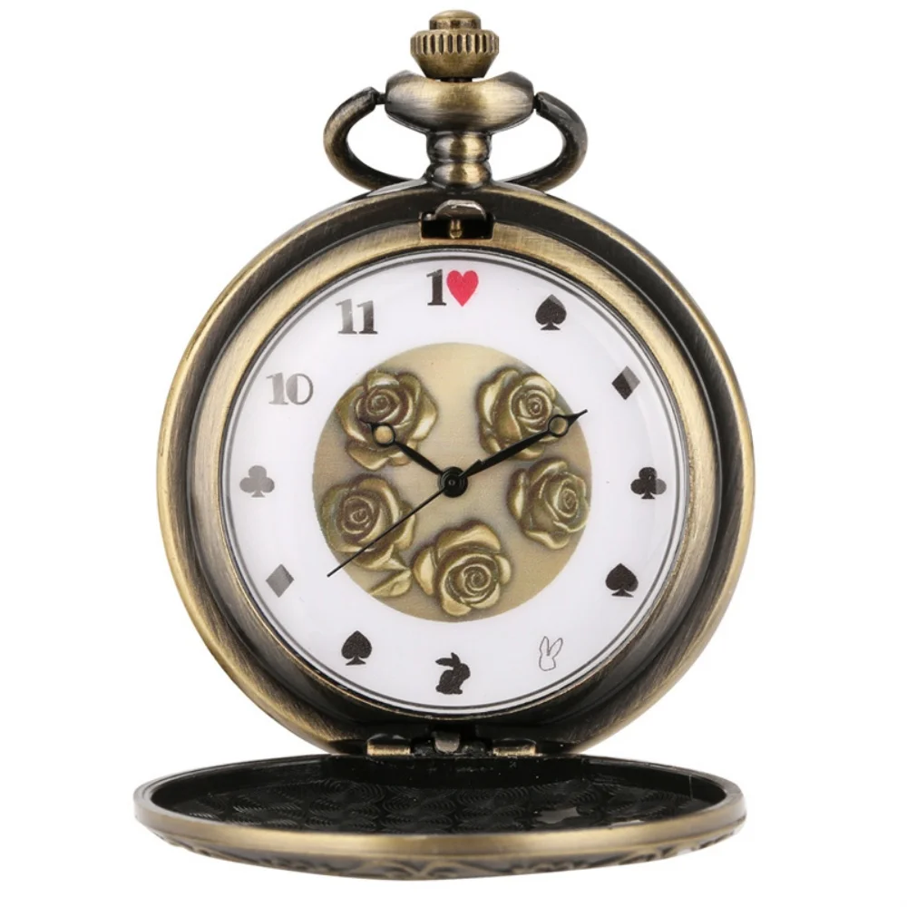 Unique Hollow Bronze Quartz Pocket Watch Rose Flower Pattern Necklace Pendant Clock Trendy Vintage Timepiece Gift for Men Women