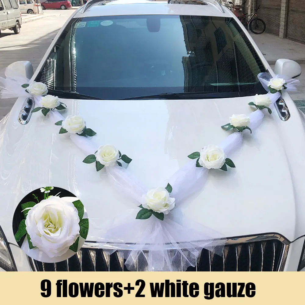 

High-end White Rose Artificial Flower Wedding Car Bridal Decorations Door Handle Ribbons Silk Flower Festival Banquet Home Decor