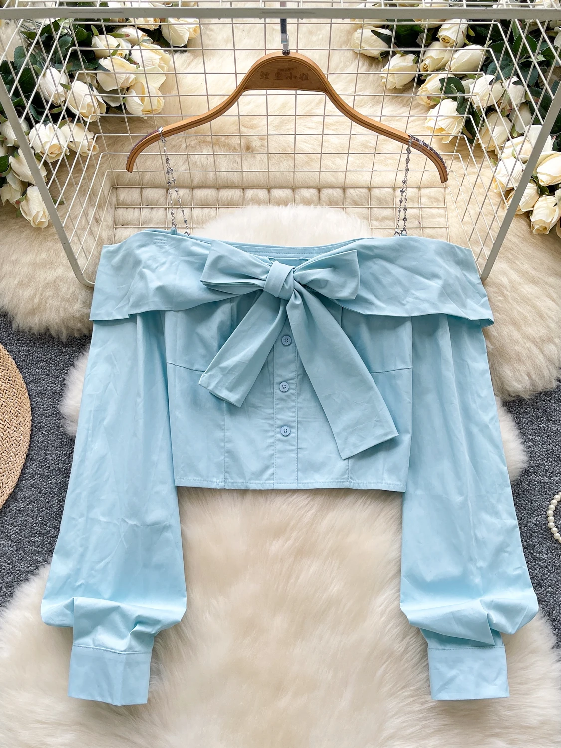 

Women's Blue Cropped Shirts Blouses Y2k Vintage 2000s Elegant Top Long Sleeve Off Shoulder Bow Shirt Fashion Clothes Autumn 2025