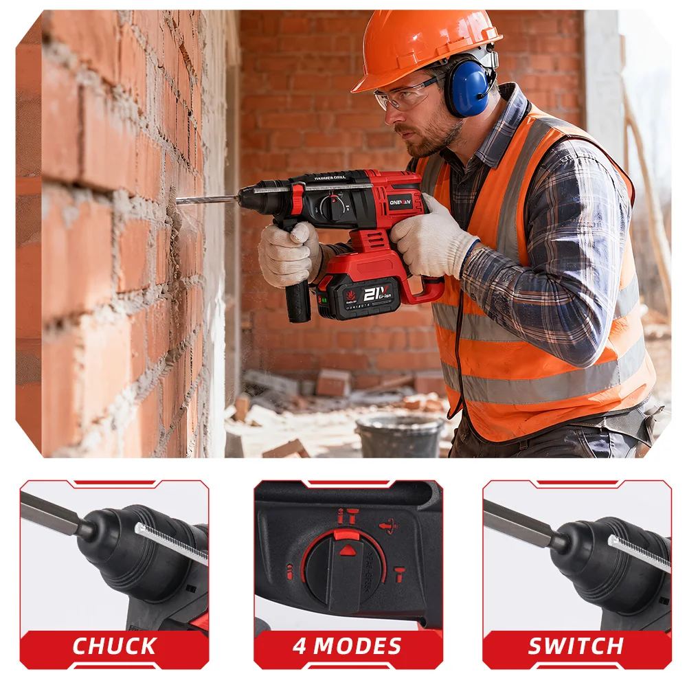 ONEVAN 3500W Bürstenloser Elektrohammer 4 Modi Kabelloser Multifunktions-Schlagbohrer Elektrowerkzeug für Makita 18V Akku – Detail 13