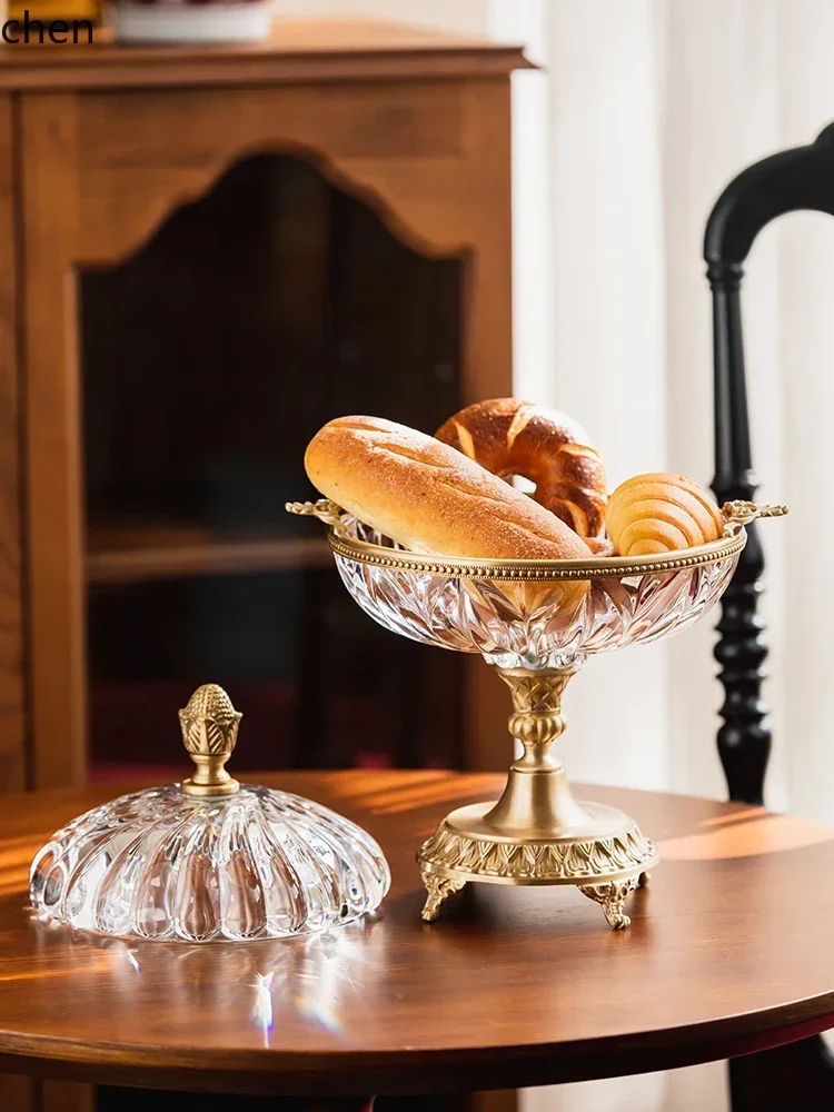 HT Light Luxury Carved Brass Glass Storage Jar Ornament Living Room Household Fruit Plate Decoration High-end