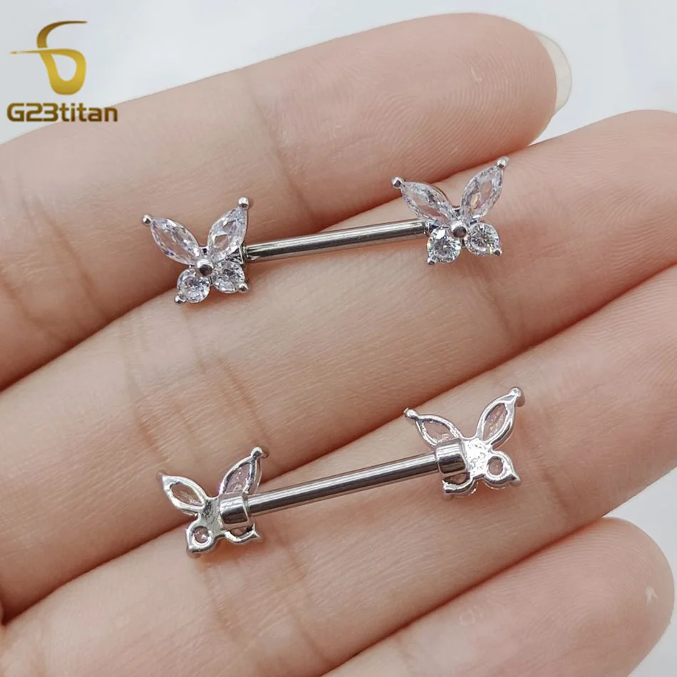 2pcs Zircon Butterfly Nipple Rings Titanium or Steel Straight Barbell Body Piercings Hypoallergenic Women Jewelry Accessory 14G