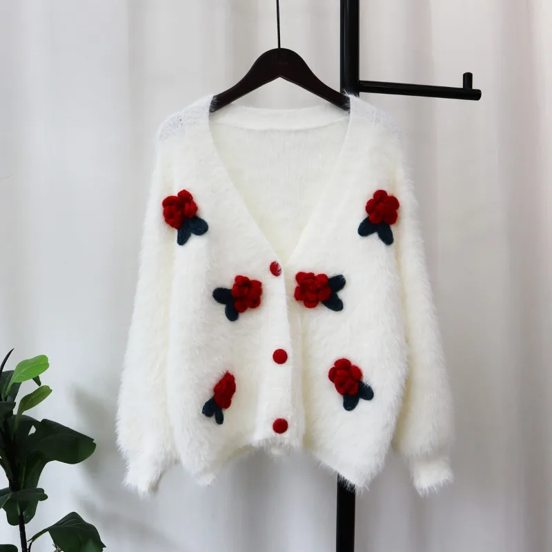 Neploe Y2k E-Girl Long Sleeve Tops Women Heavy 3d Flower Sweaters Mujer 2024 Autumn New Waterproof Mink Knitted Cardigan