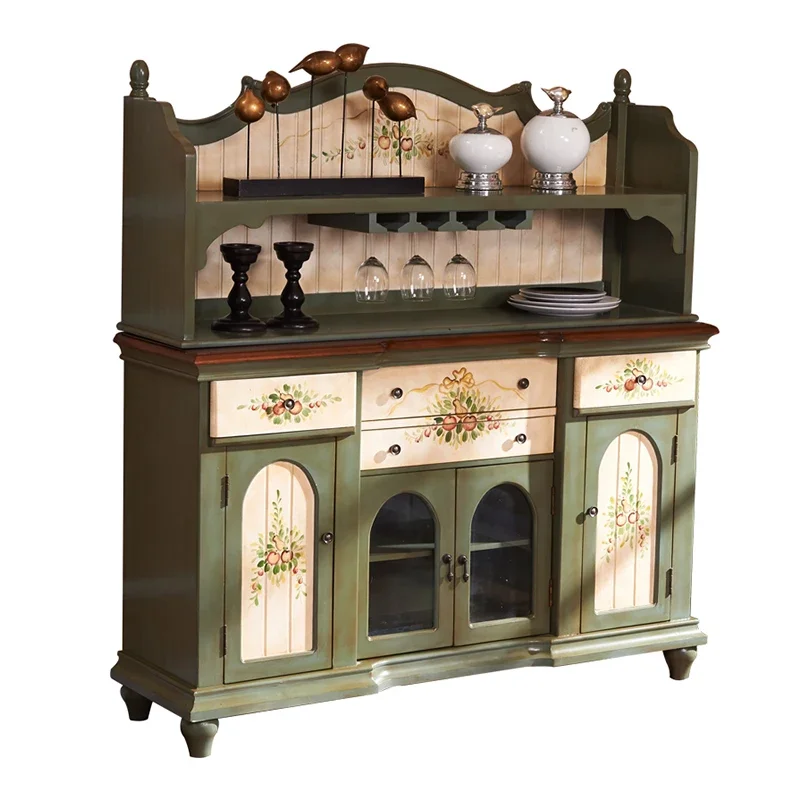 

European and American painted kitchen overall cabinet dining edge, old antique furniture pastoral tea cabinet