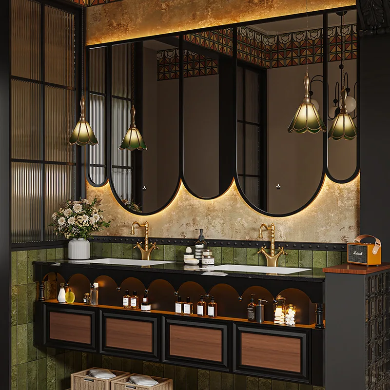 High-end French medieval rock slab bathroom cabinet combination bathroom double basin hand wash face