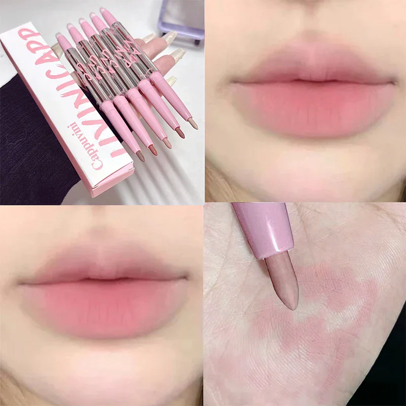 ดินสอเขียนขอบปากเนื้อแมทท์แบบสองหัว 1 ชิ้น พร้อมแปรงทาปากแบบฟูฟ่อง ติดทนนาน เนื้อกำมะหยี่แบบแมทท์ ลิปสติกเนื้อแมทท์แบบละอองน้ำ สำหรับเขียนขอบปาก