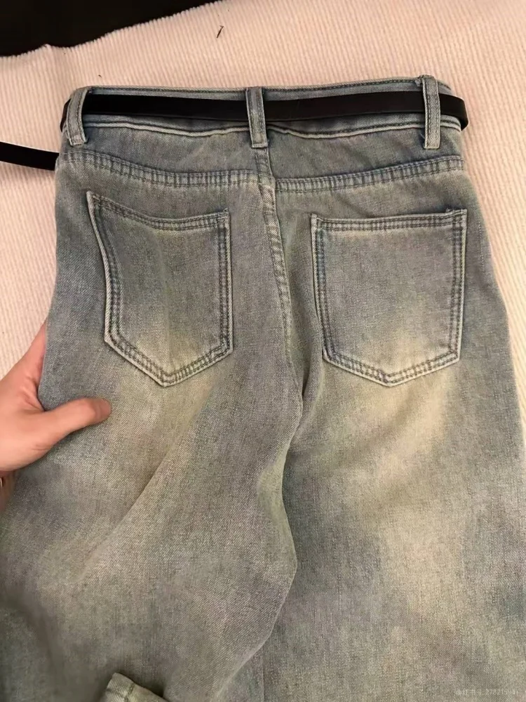 Pantaloni in denim Thi foderati Fce taglie forti Donna Pantaloni invernali larghi a vita alta slim dritti a gamba larga Abbigliamento casual vintage Sle