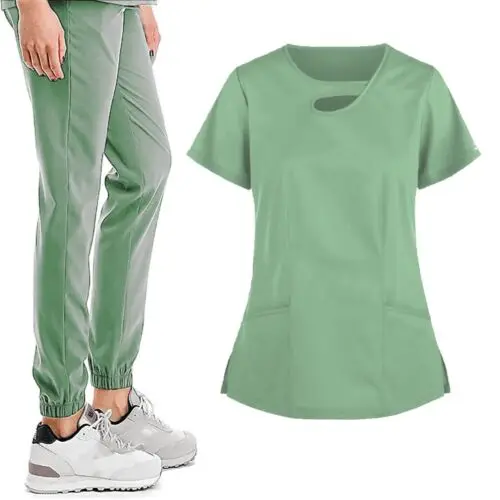 Babyoung Women's Short Sleeved Hollow Top+Pants Care Uniform Frosted Set