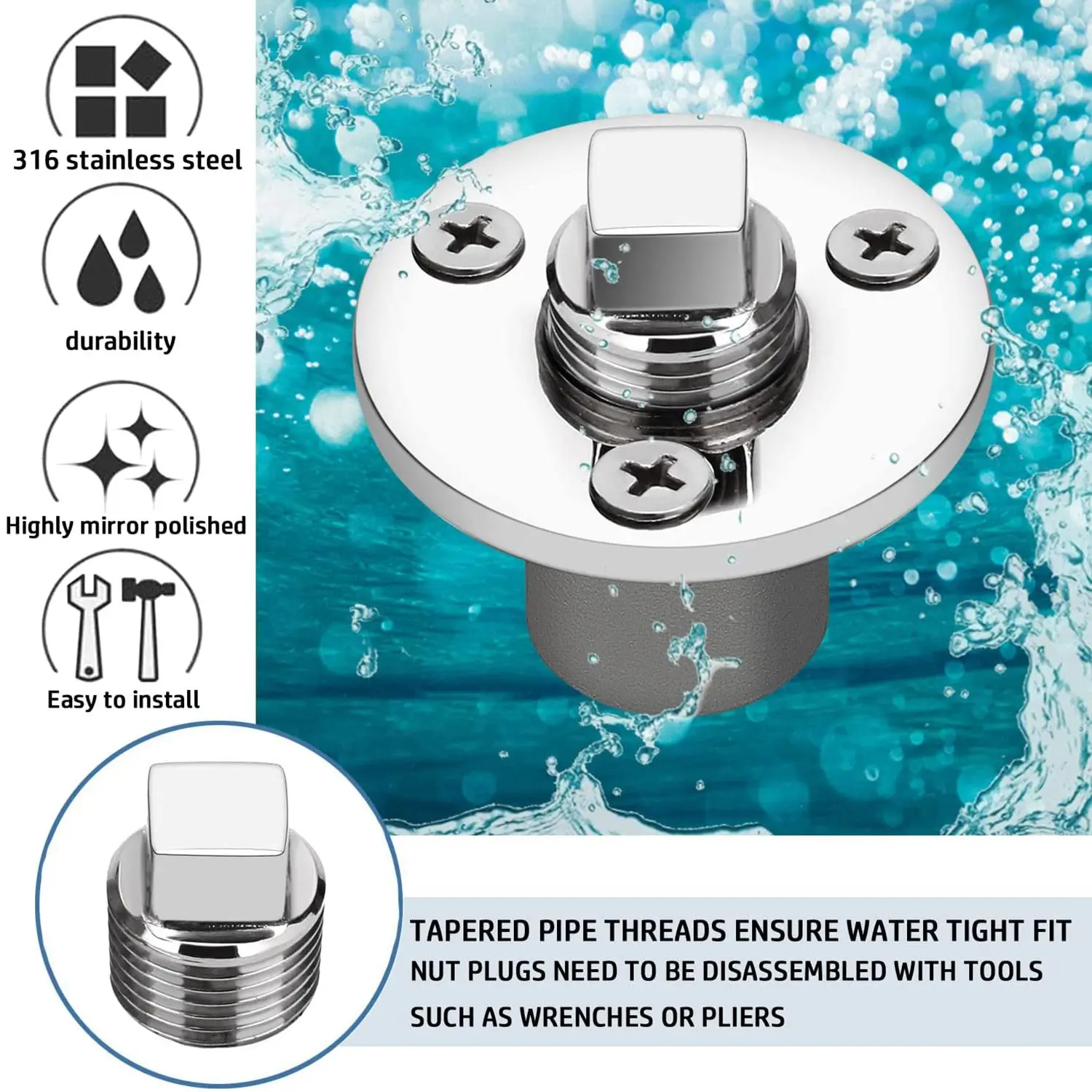 Drain Plug Kit,Universal Marine Stainless Steel Drain Plug Fits 1Inch Hole,with Screws, Transoms Hardware Accessories