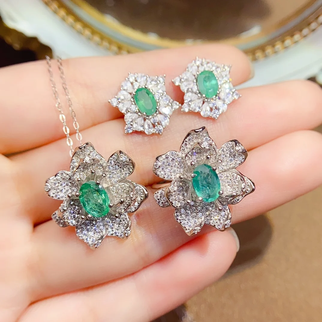 

Luxury Natural Emerald Ring Earrings Pendant 3PC Set S925 Sterling Silver Certificate for Women Fine Charm Weddings Jewelry FS