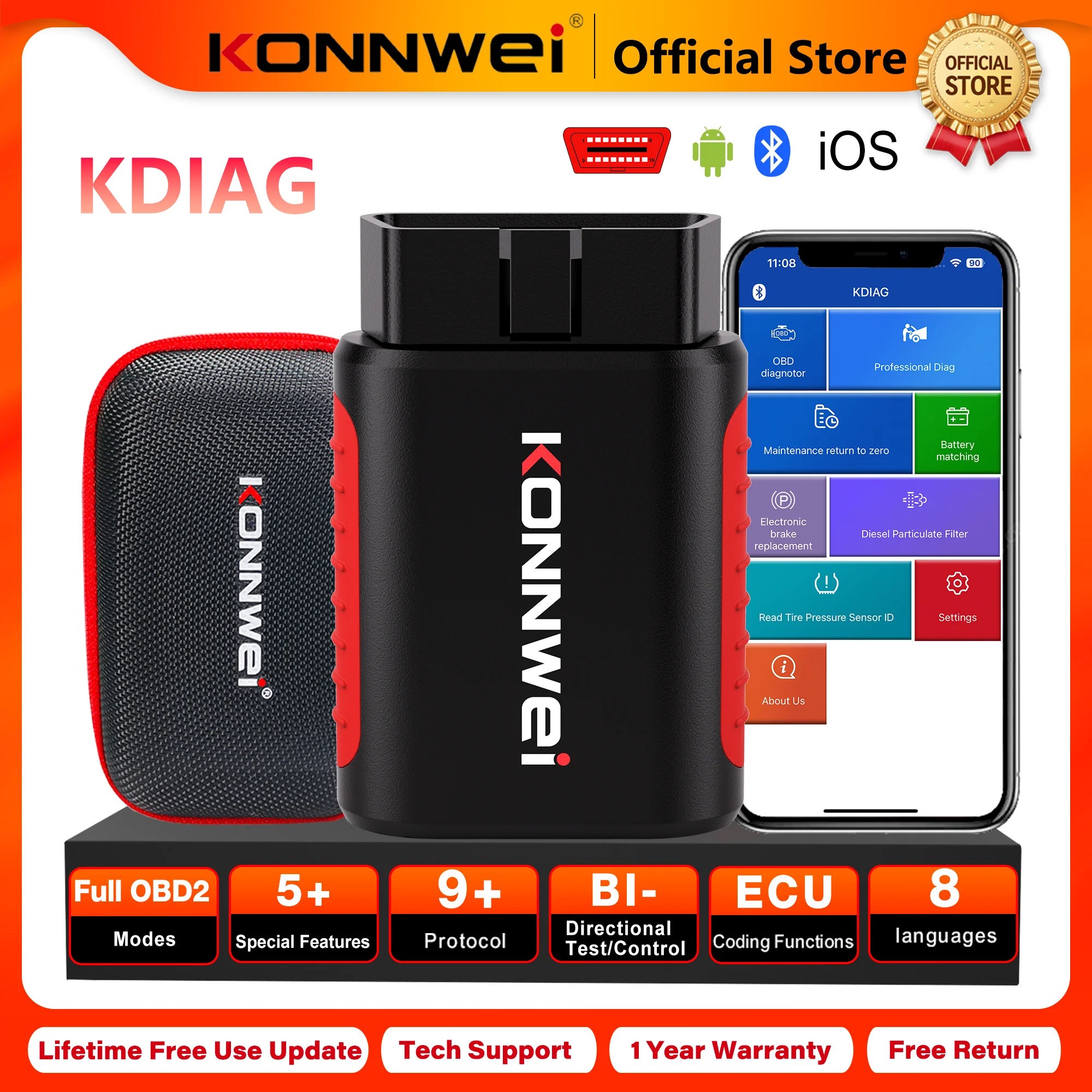 

2026 KONNWEI KDIAG Car Obd2 Bluetooth All System Diagnostic Tool Read Erase Codes EPB DPF Oil Reset SRS SAS TPMS Sensor Scanner