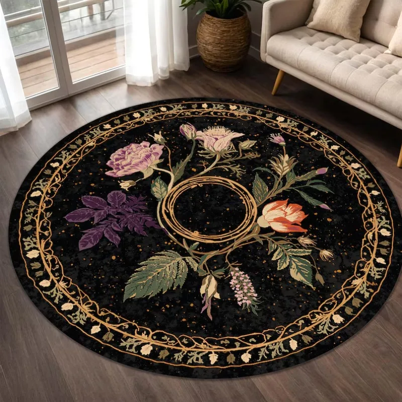 Dark Academia Floral Round Rug Vintage Botanical Print Witchy Gothic Home Decor Mat Soft Non Slip Carpet for Living Room