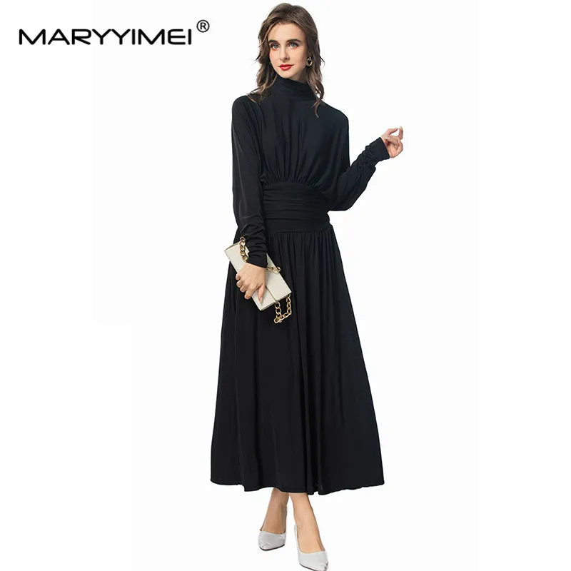 MARYYIMEI Autumn Winter Women\'s Dress Turtleneck Long Sleeved Design High Waiste Vintage Solid Color Dress