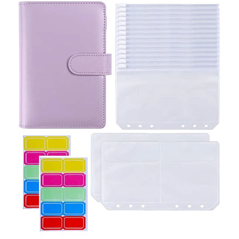 

18Pcs A6 PU Leather Binder Cover with 6 Ring Binder Pockets Envelopes for Cash Budget System Documents Cards Purple