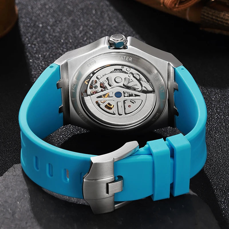 Luxury Men Automatic Watch Orange Wave Texture Dial Hollow Tourbillon Wristwatch Soft Orange Silicone Band Sport Waterproof view 5