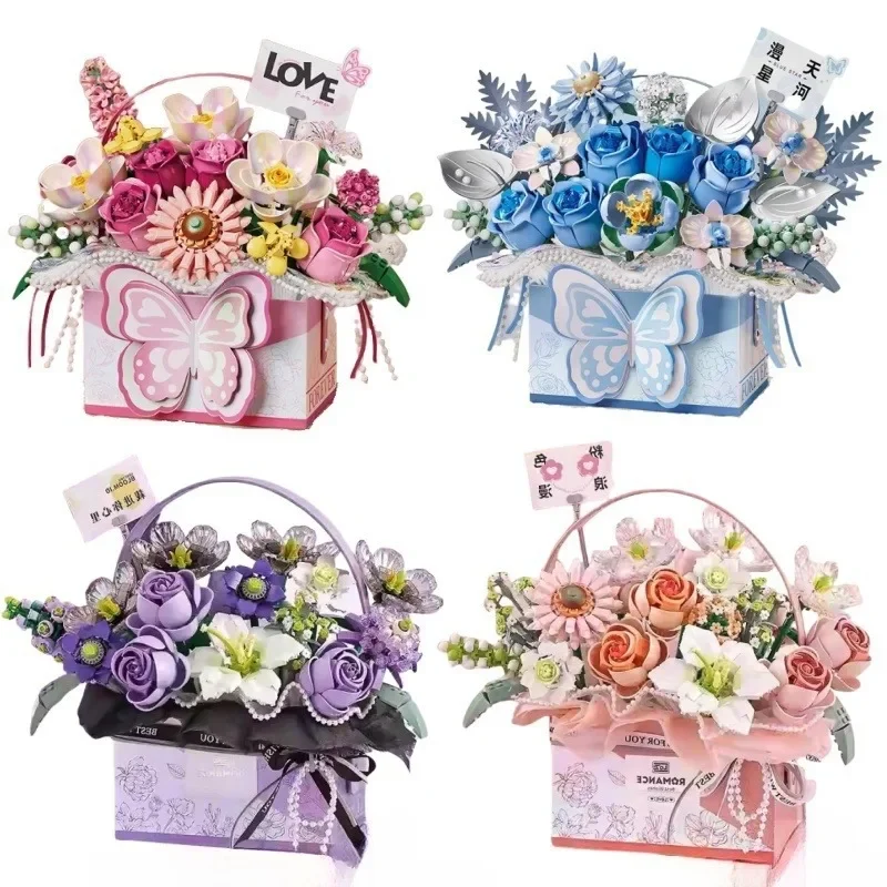 

New Rose Building Blocks Blue Flower Toys Magic Powder Handheld Bouquets Gift Boxes Girl Series Holiday Gifts Rose Bricks