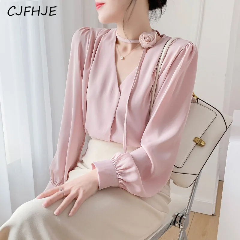 

CJFHJE Gentle French Women's Bubble Chiffon Sleeve Shirt Korean Fashion Elegant Women Top Sweet Rose Lace Up Long Sleeved Shirt