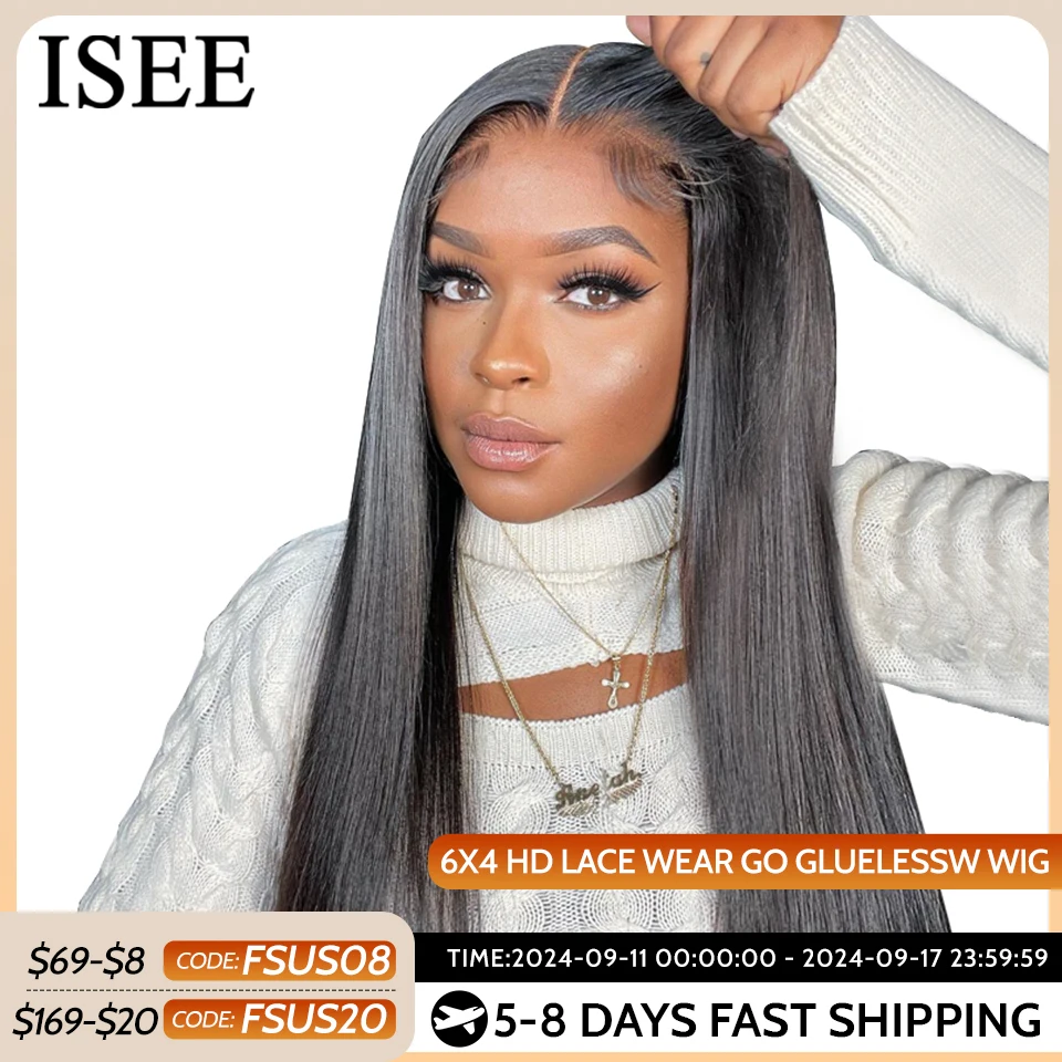 ISEE Hair Glueless Wig Human Hair Ready To Wear Straight Glueless Preplucked Wear And Go Wigs 6X4 HD Lace Front Wigs PreCut Lace