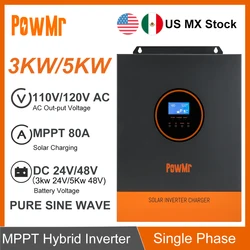 US MX Stock Single Phase 3KW 5KW 110V/120VAC Output Pure Sine Wave Power Hybrid Inversor DC 24V 48V with 80A MPPT Solar Charges