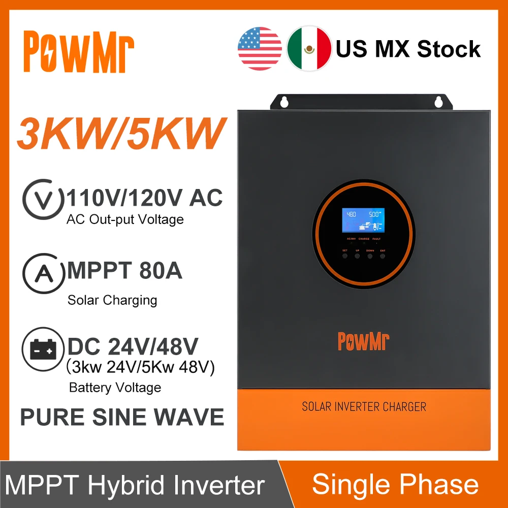US MX Stock Single Phase 3KW 5KW 110V/120VAC Output Pure Sine Wave Power Hybrid Inversor DC 24V 48V with 80A MPPT Solar Charges