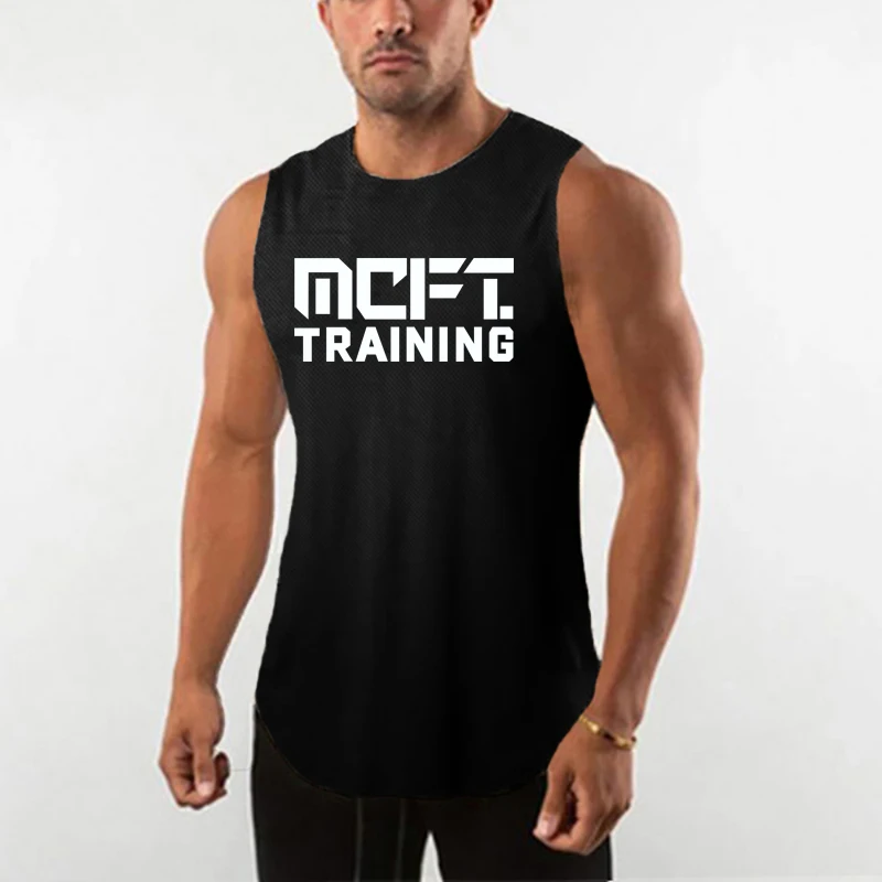 Mens Running Fitness Vests Polyester Quick Dry  Gym Bodybuilding Printed Summer Breathable Round Neck Workouts Sleeveless Shirts