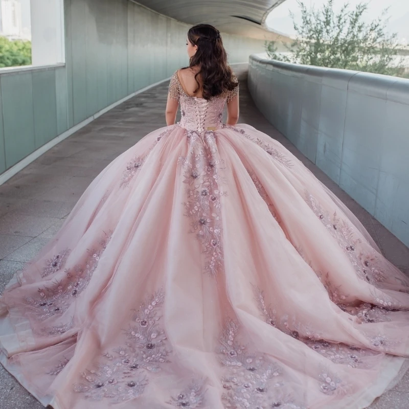 Vestido De quinceañera rosa personalizado, cuentas De flores 3D mexicanas, Vestido De baile hinchado con apliques, Vestido dulce 16, Vestido De 15 Años YQD416