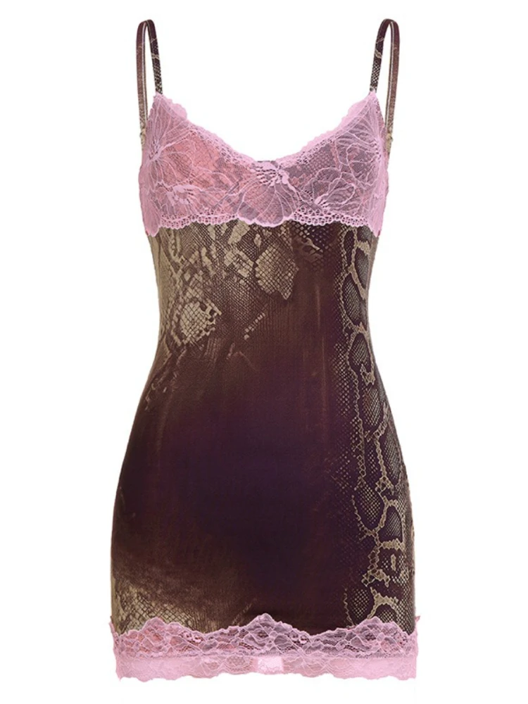 SsTss nueva moda vestido con estampado de serpiente para mujer Sexy encaje transparente Patchwork sin mangas espalda descubierta ceñido al cuerpo Mini vestido de fiesta y discoteca