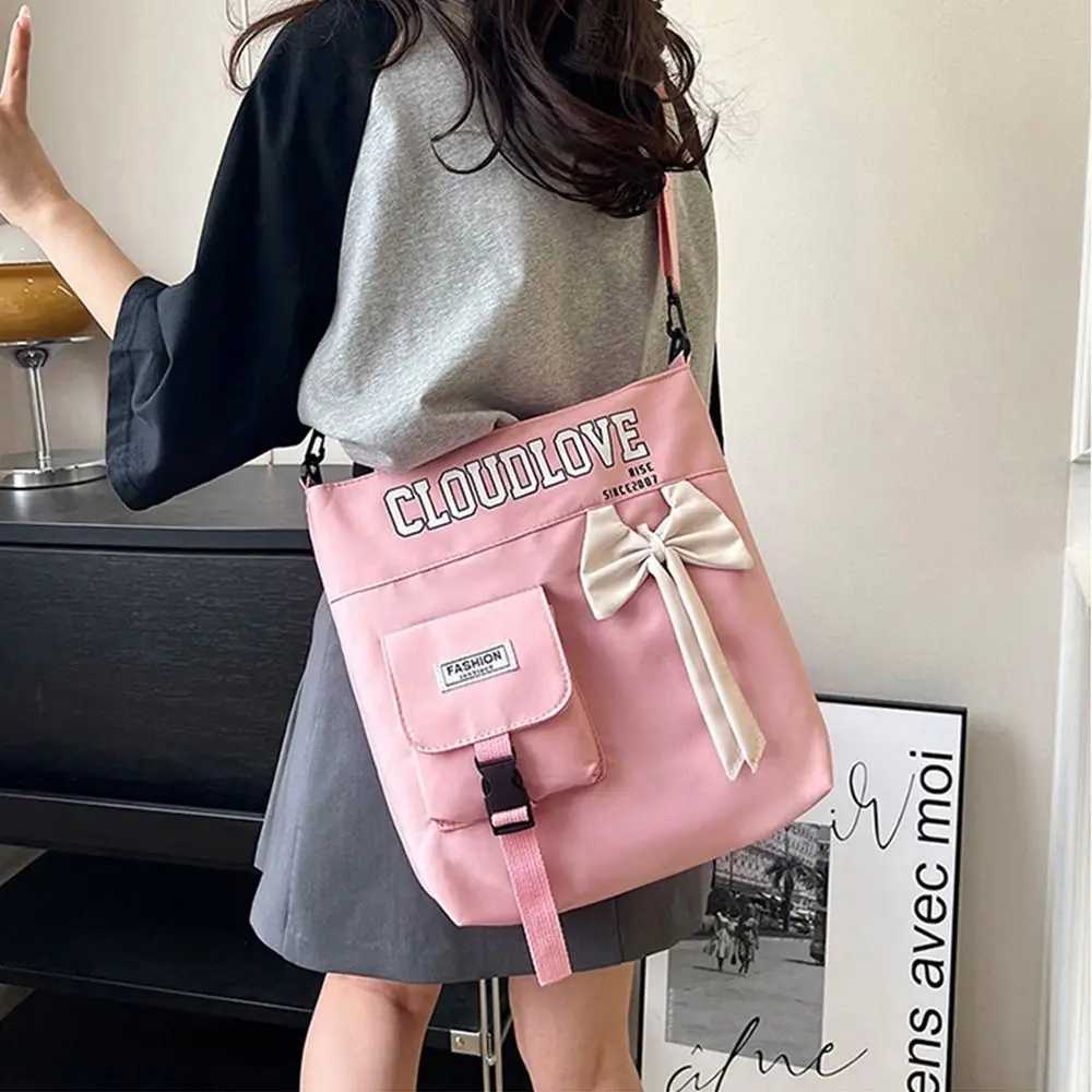 Cute Canvas Shoulder Bag Bowknot Portable Tote Bag Large Capacity Underarm Bag for Women