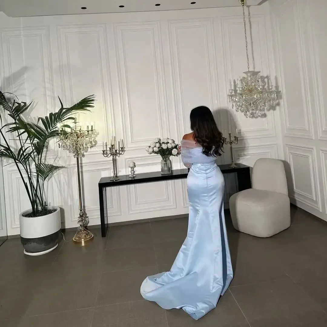 Azul plissado vestidos de baile sereia fora do ombro mangas compridas vestidos de noite até o chão arábia saudita vestido de festa de casamento