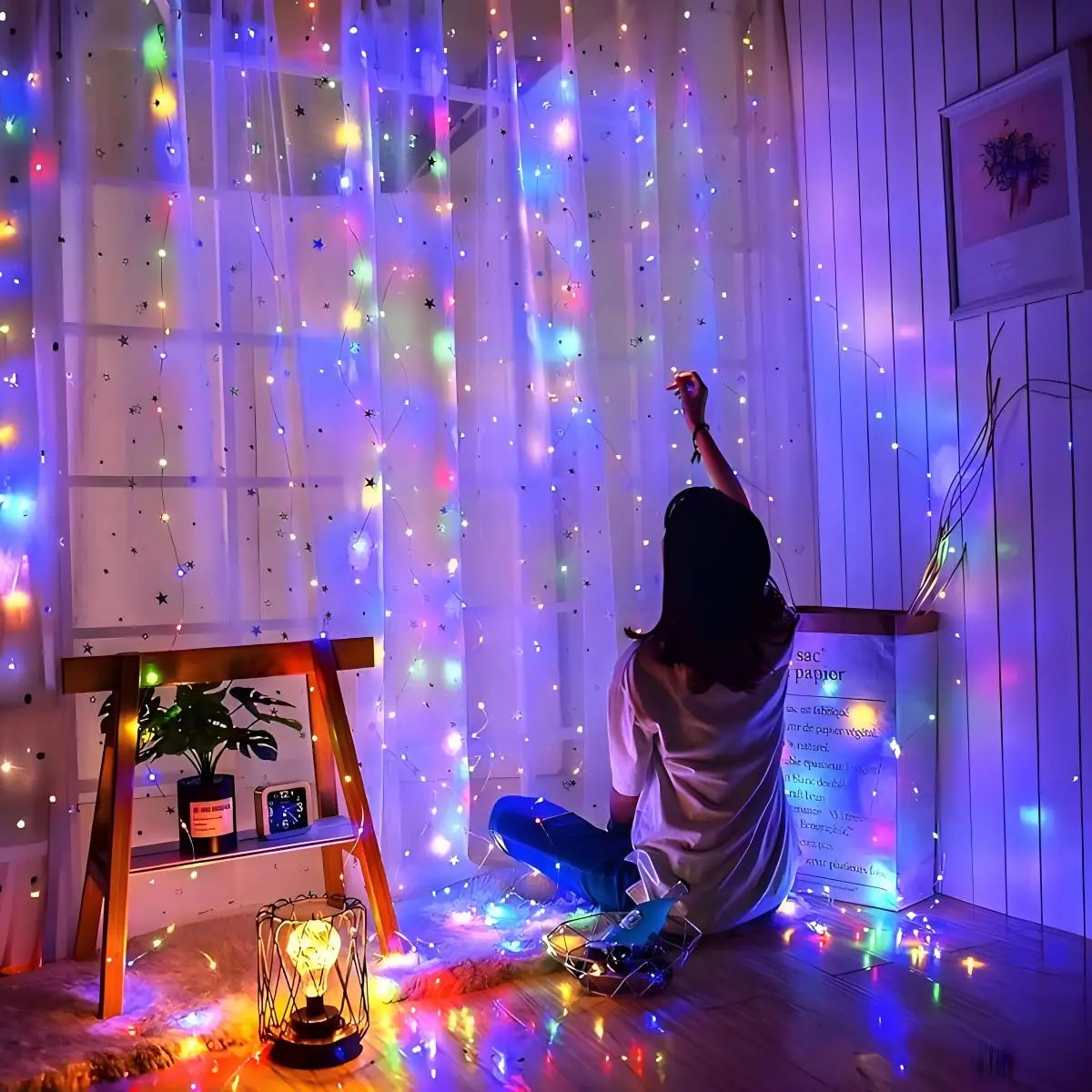 1個のLEDカーテンライト、USB電源、リモコン付き、8つの点滅モード、ホリデーデコレーション、誕生日&結婚式の装飾、クリスマスデコレーションライトに最適