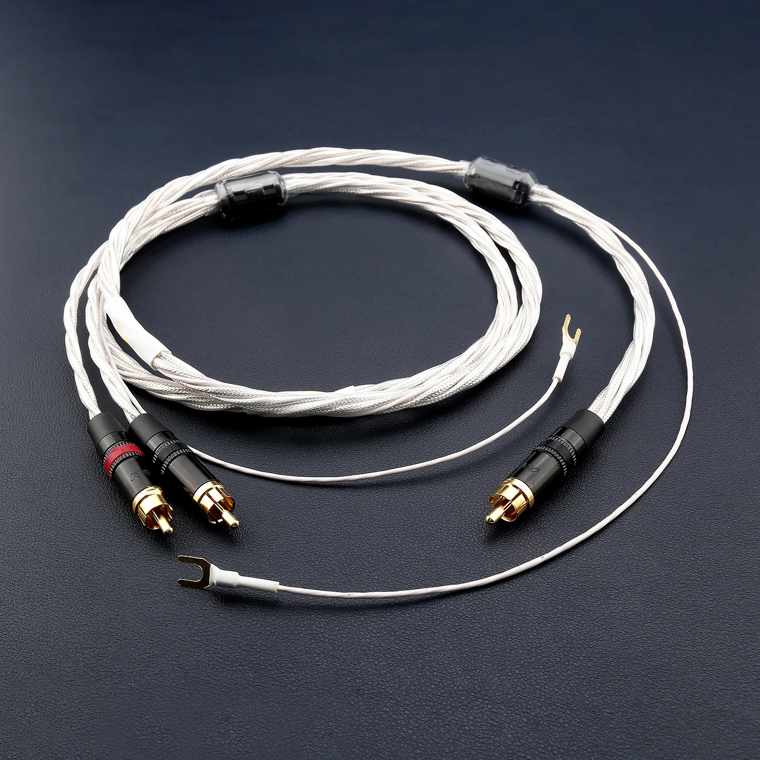 HiFi-Platin-Kabel für Plattenspielerarm, RCA-Stecker auf zwei 2RCA-Stecker mit U-förmigem Massekabel für LP-Vinyl-Plattenspieler