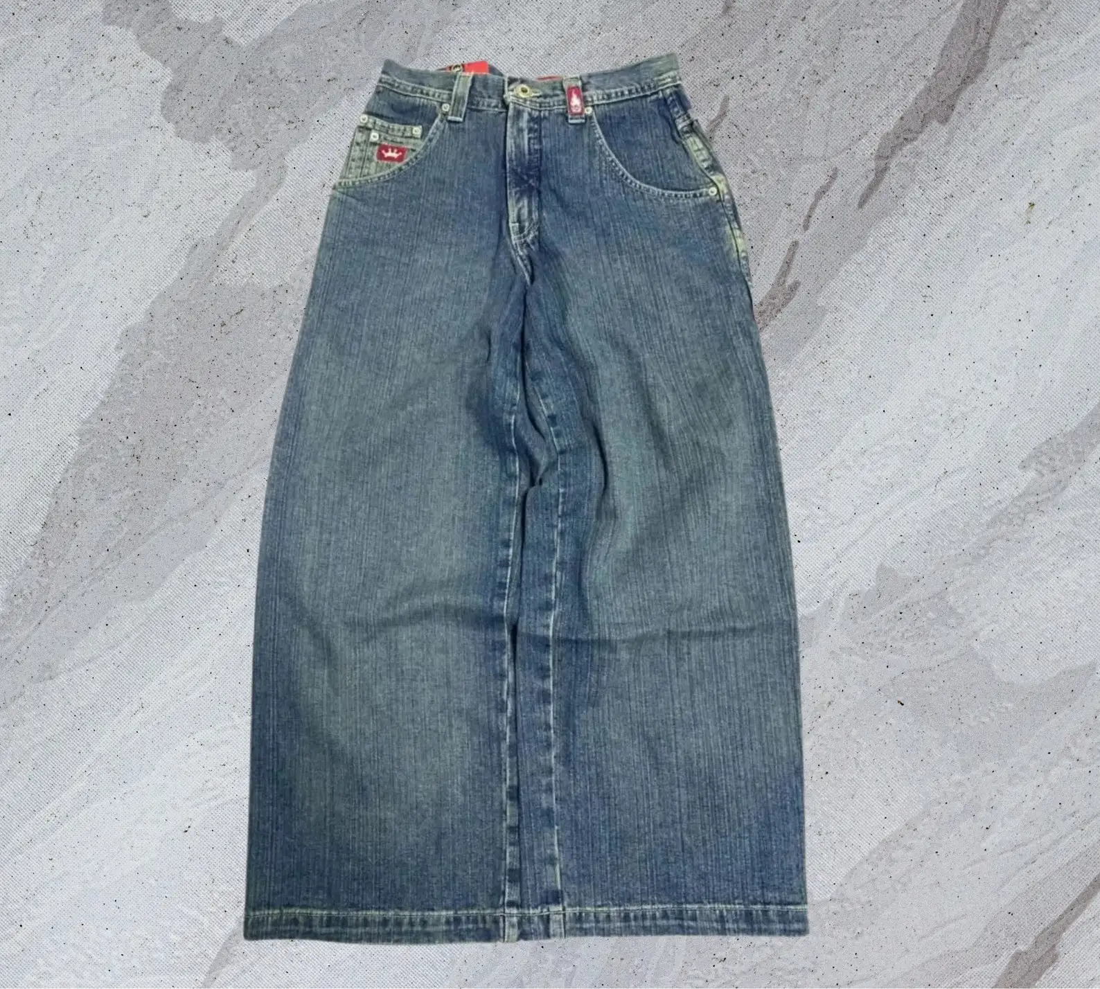 Hip Hop Retro Harajuku Street JNCO Jeans saku bordir Denim longgar celana kaki lebar pria mode baru celana lurus pinggang tinggi