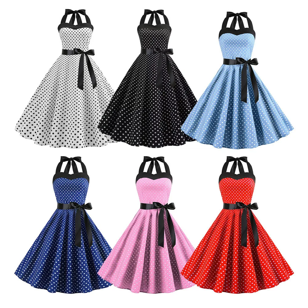 

1950 Vintage Hanging Neck Wave Point Printed Bow '50s Early 60's Birthday Party Dress Animation Role Playing Skirt