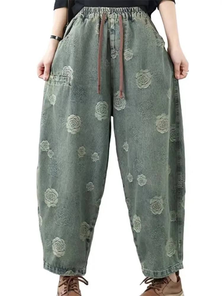 

2025 корейские летние модные женские джинсовые брюки с цветочным принтом, свободные винтажные джинсы, женские классические повседневные шаровары с эластичной резинкой на талии
