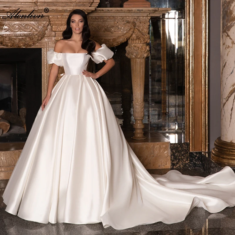 Alonlivn Elegant Satin Ball Gown Wedding Dress Vestido De Noiva Boat Neck Off The Shoulder Bridal Skirts