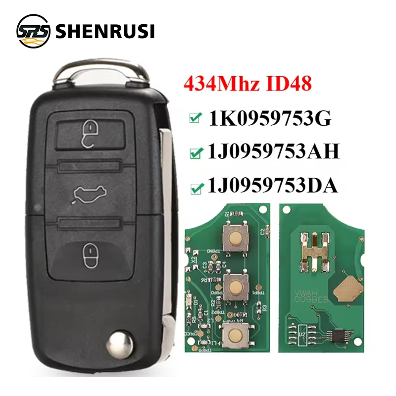 3 Button Flip Remote Car Key Fob For VW PASSAT Polo Skoda Seat Polo/Golf/Beetle 1J0959753 DA/AH 1K0959753G 434Mhz ID48