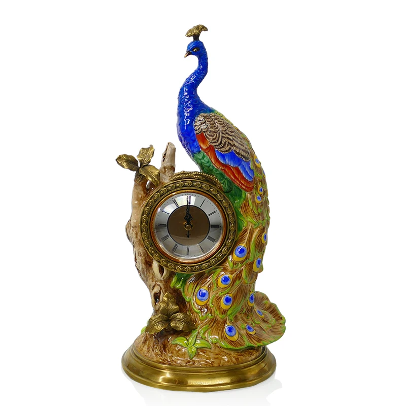 Luxury classical home entrance ornament jewelry soft decoration ceramics with copper phoenix plume blue peacock