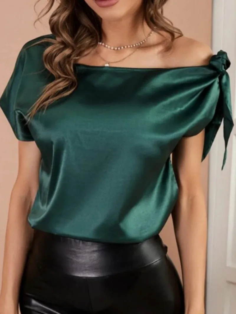 Blusa holgada de manga corta con cuello oblicuo para mujer, camisa elegante de gasa lisa con lazo, ropa de calle para primavera y verano, 2022