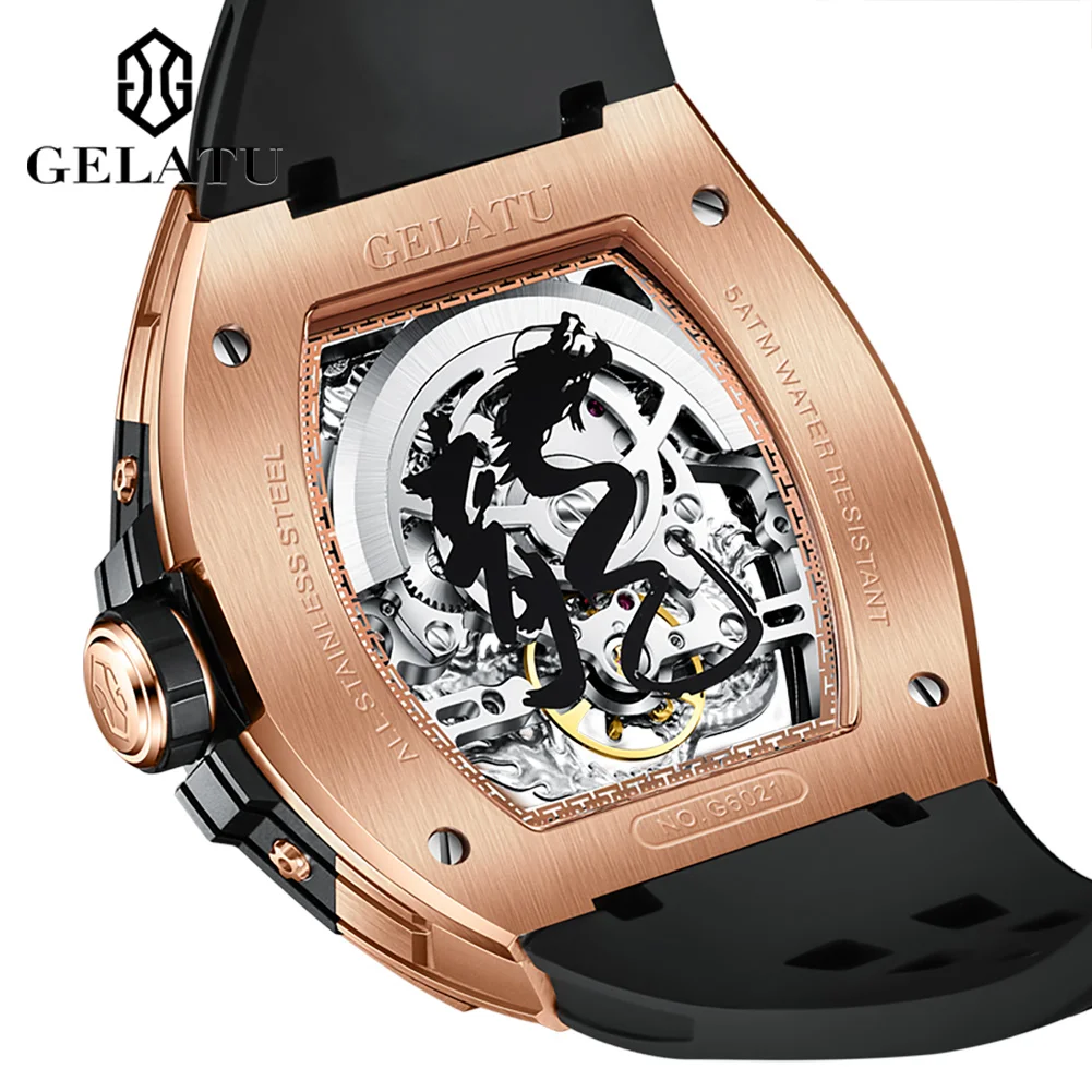 GELATU Tonneau Men's Automatic Mechanical Watch Diamond inlay Dragon Dial Silicone Adhesive Tape Waterproof Sapphire Wristwatch