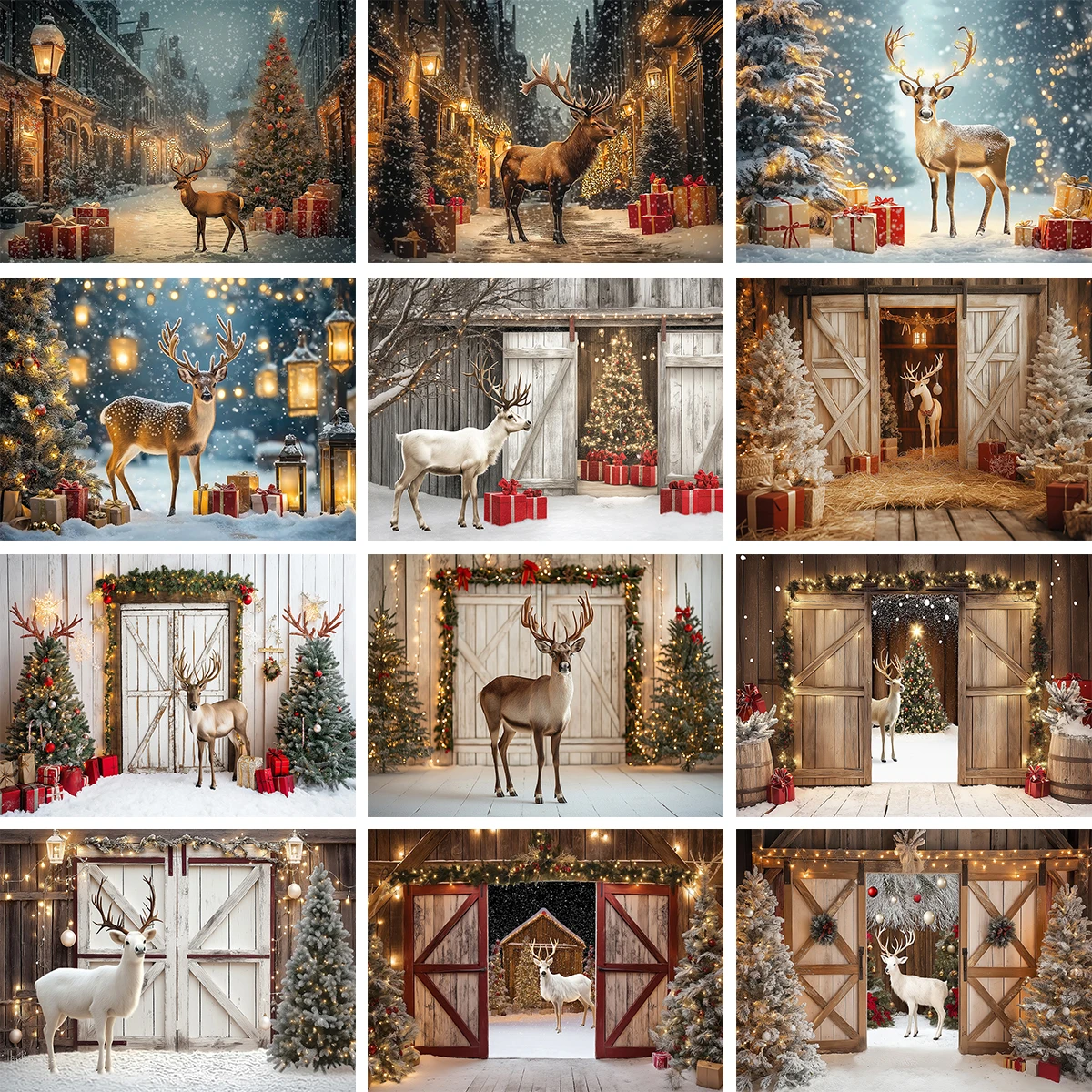

Christmas Reindeer Presents Trees Backdrops Kids Adult Photography White Wooden Door Entrance Cottage Snowy Streets Backgrounds