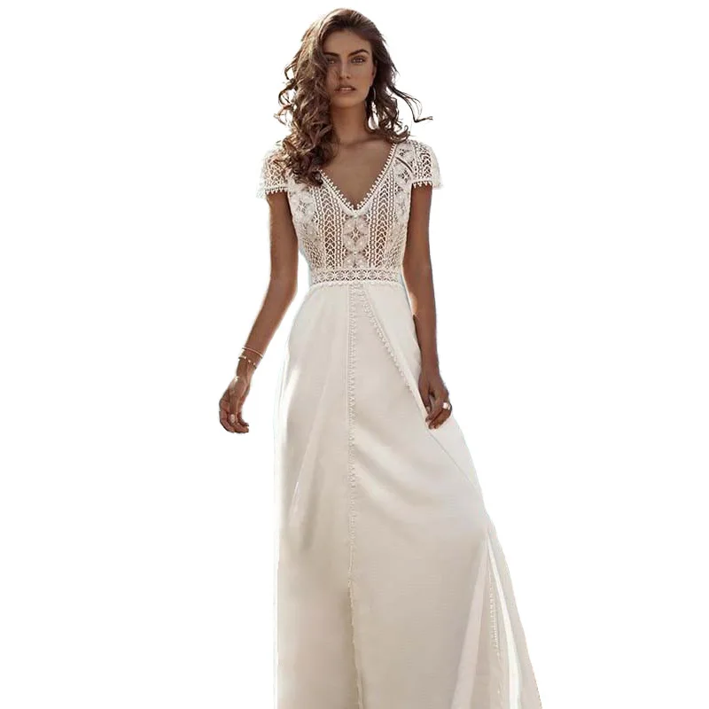 CloverBridal Short Sleeves Lace+Satin Backless Wedding Bridal Dress Floor Length A-line Elegant Beho vestidos largos WW8272