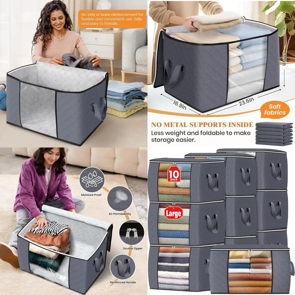

10-Pack Grey Thick Fabric Blanket Storage Bags with Handles for Organizing Clothes, Bedding, and Closets