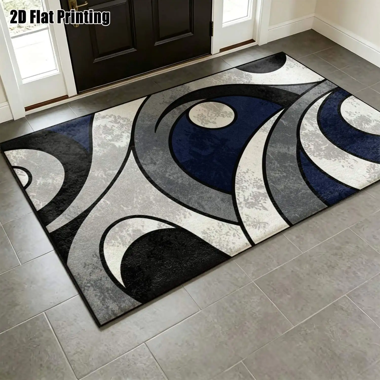 1Pc 2D Printed Carpet: Blue-Grey Abstract Geometric Patterns, Nordic/Instagram-Inspired, Modern Minimalist Vintage Geometric Striped Floor Mat, Multi-Size Machine-Washable Home Decor for Entryway, Dining Room, Foyer, Living Room, Bedroom