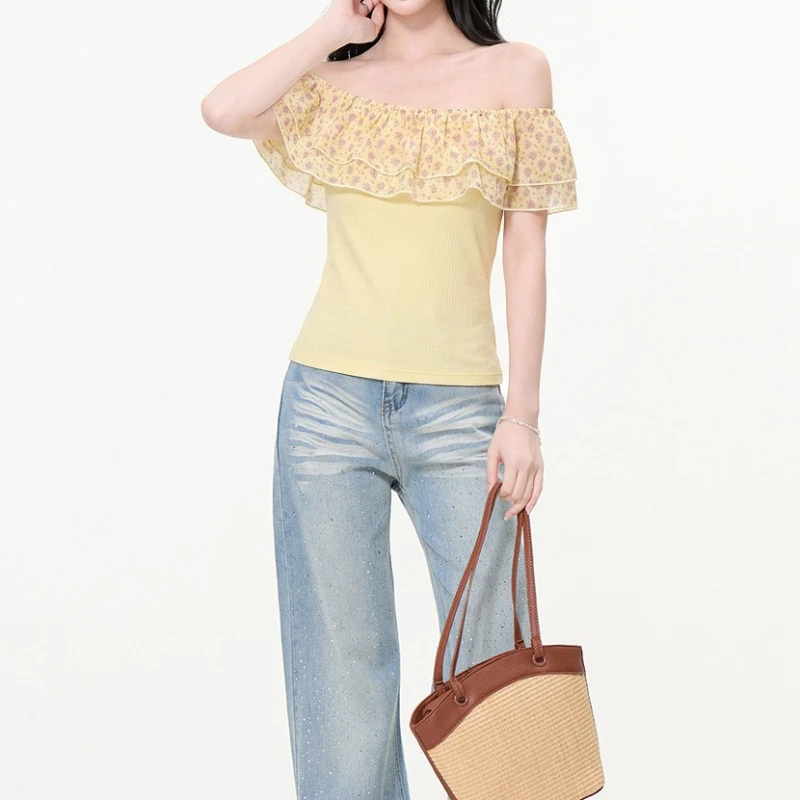 2026 Rural Style Floral Ruffle Edge Single Neck Slim Fit Small Fresh Short Sleeved T-shirt for Women