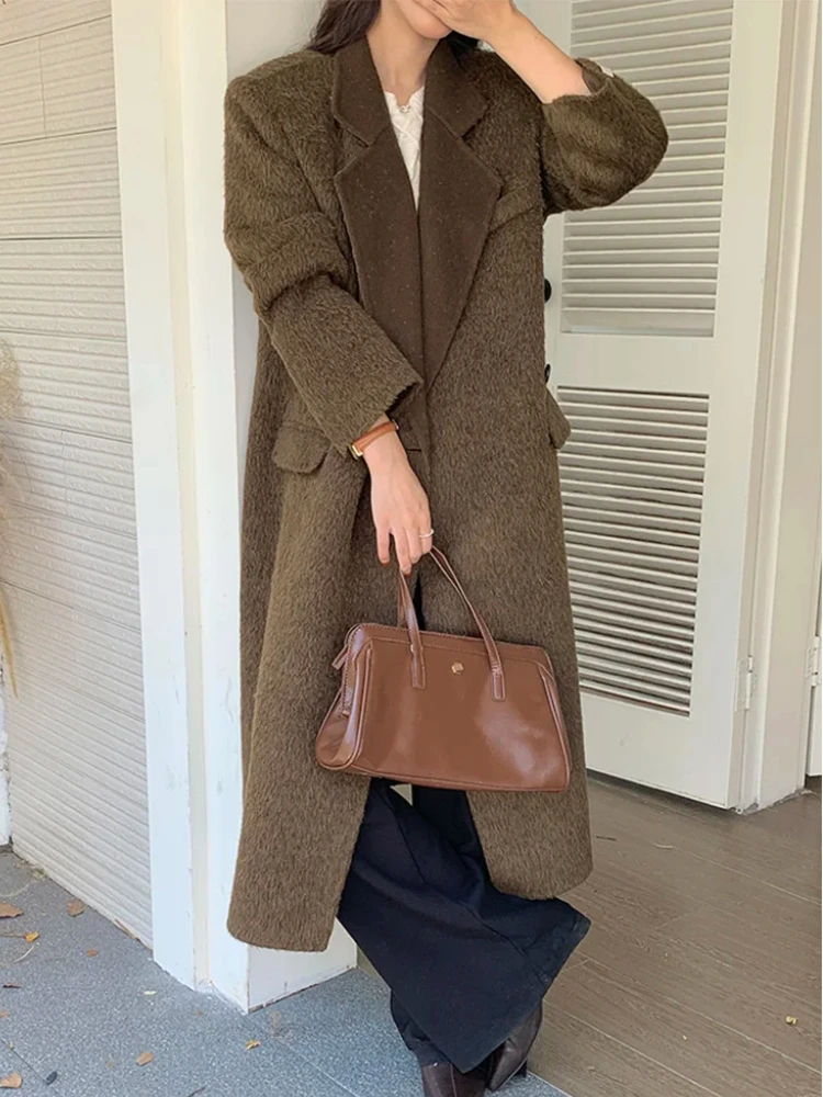 

High-end Women Thick Alpaca Wool Coat Long Vintage Warm Loose New Autumn Winter Lapel Single Button Woolen Coat Female Outerwear