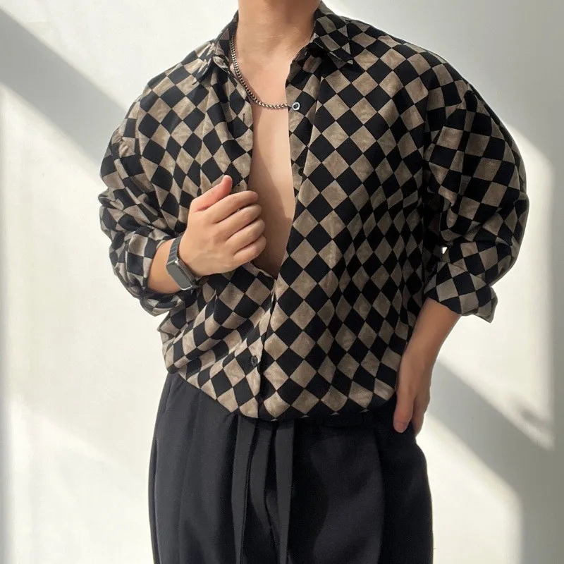 

Spring and Summer Plaid Shirts for Men's Turn-down Collar Long Sleeve Casual Floral Shirt Retro Loose Stylish Outwear Coat