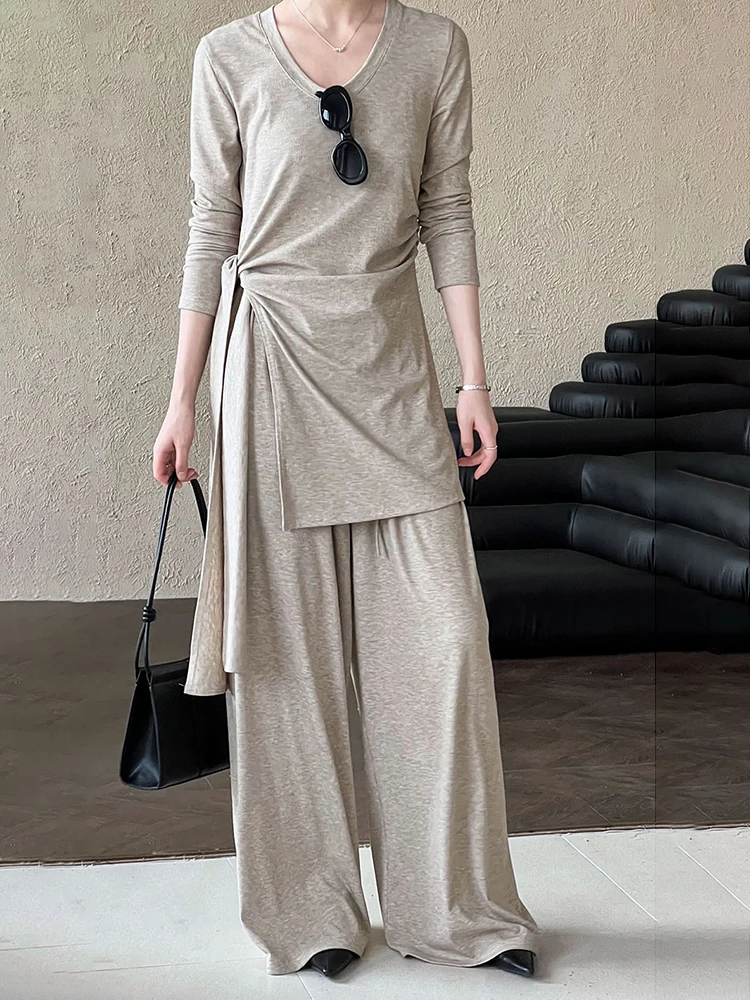 Big Size T-shirt Wide Leg Pants Two Piece Suit New Round Neck Long Sleeve Women Fashion Tide Spring Autumn