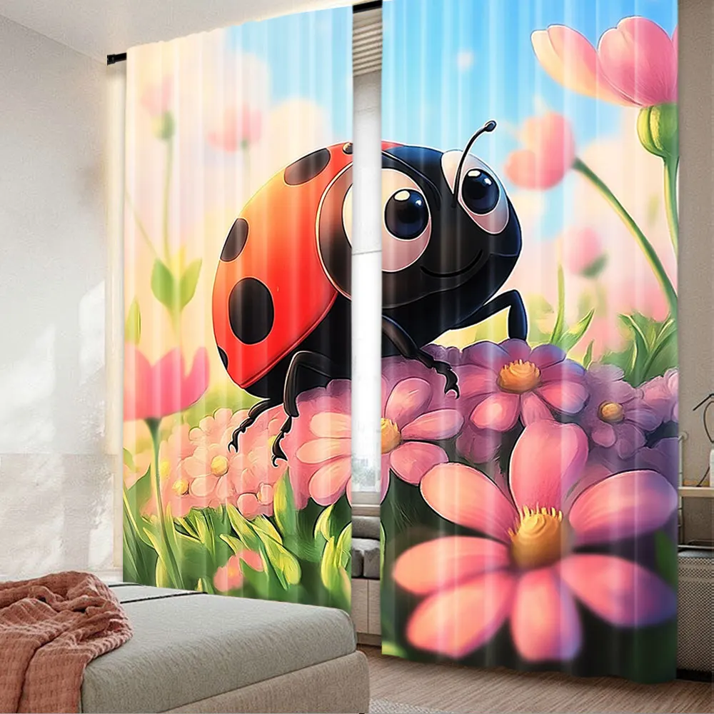 2Pcs Cartoon Ladybug Flower Curtain Aesthetic For Bedroom Wall Hanging Art For Living Room Dorm Backdrop Home Decoration