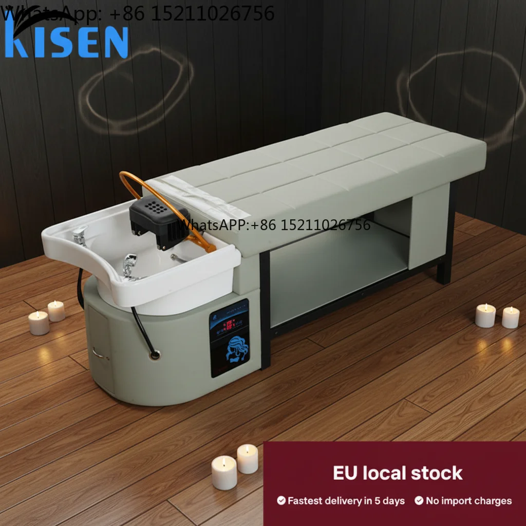 Kisen Europe Stock Wholesale Shampoo Bed Salon Bowl Head Therapy Water Circulation Back Wash Led Light Zen-Flow Ceramic Sink